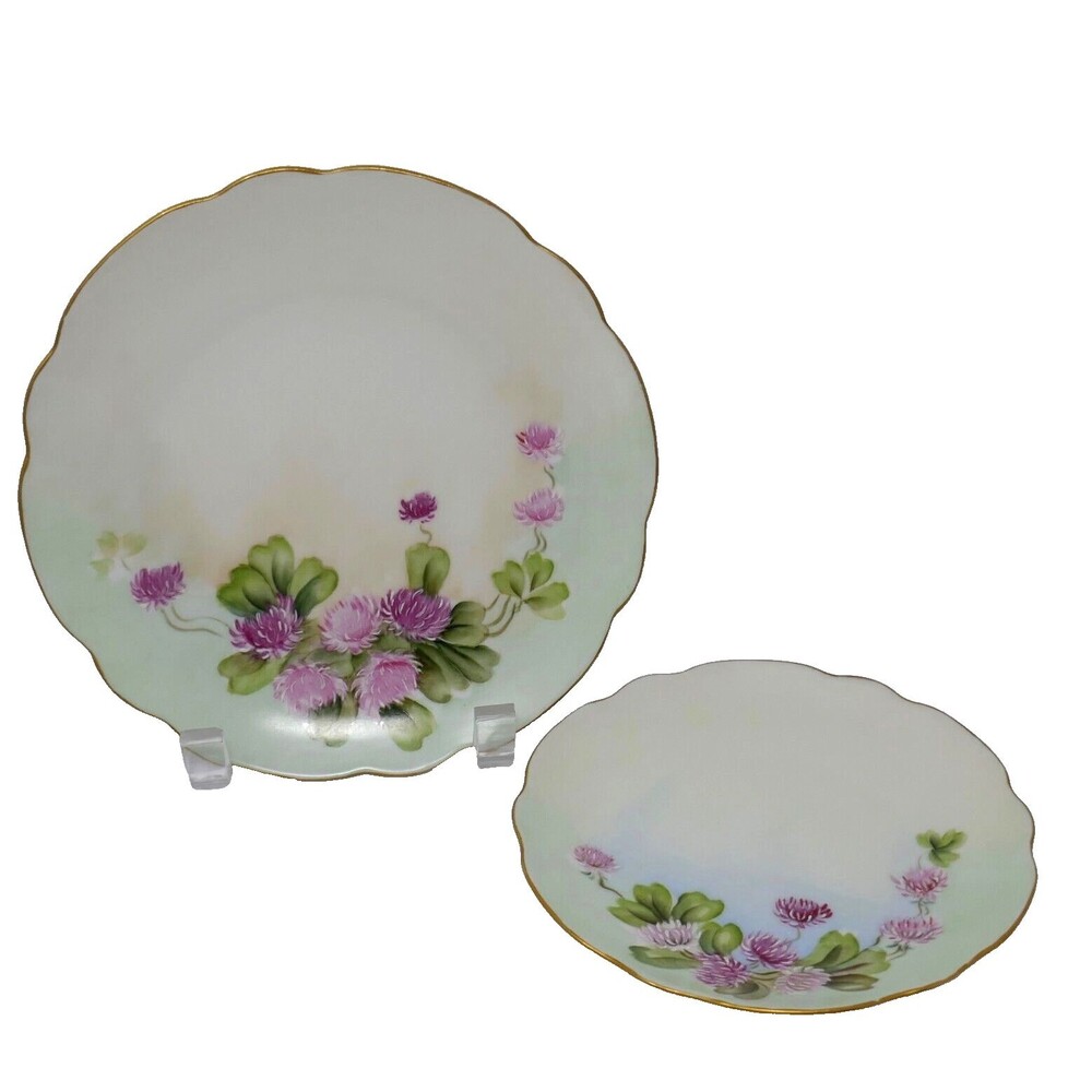 Bavaria Hand Painted Pink Purple Flowers Gold Trim Plates Signed by A. Wieland